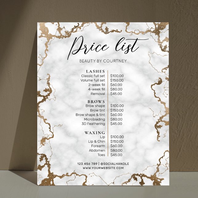 Marble & Gold Elegant Salon or Spa Pricing Menu Poster (Marble and gold glitter business price list of services )
