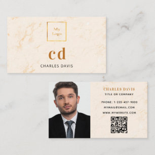 Marble gold monogram photo Qr code logo Business Card