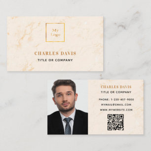 Marble gold monogram photo Qr code logo elegant Business Card