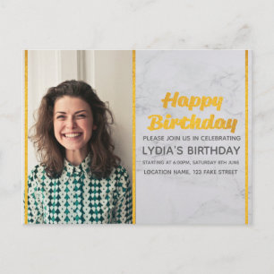 Marble & Gold Photo Birthday Invitation Postcard