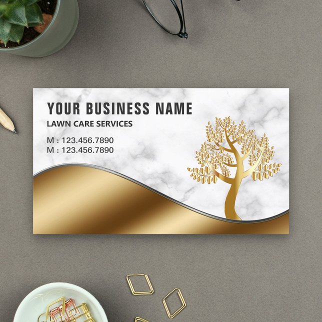 Marble Gold Tree Gardening Landscaping Lawn Care Business Card (Creator Uploaded)