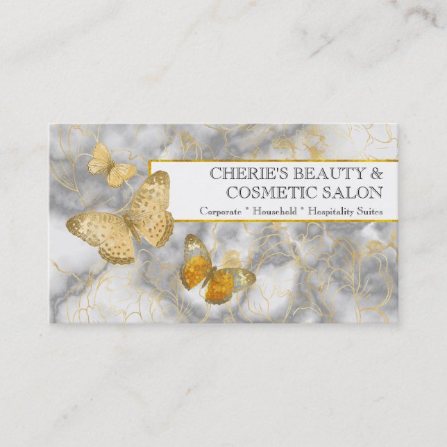 Marble gold white floral butterfly beauty makeup business card (Front)