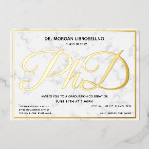 Marble Gold White PhD Graduation Foil Invitation