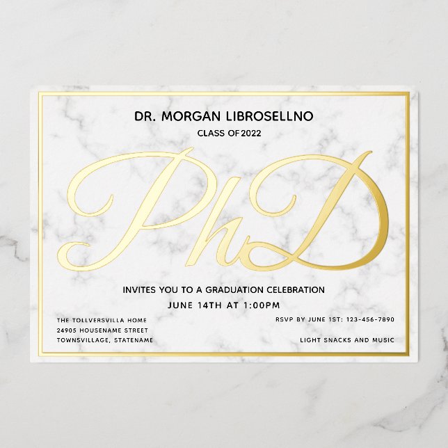 Marble Gold White PhD Graduation Foil Invitation (Front)