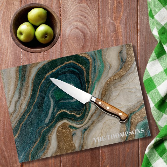 Marble Green Gold Glitter Elegant Personalised  Cutting Board (Creator Uploaded)