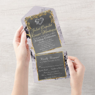 Marble & Grey, Gold Frame, Silver Heart 2 All In One Invitation