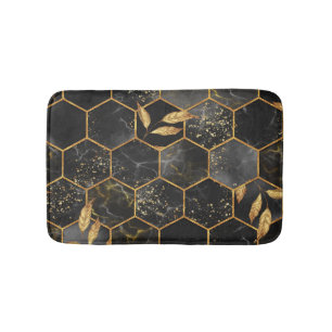 Marble Hexagon, Golden Leaves Texture. Bath Mat