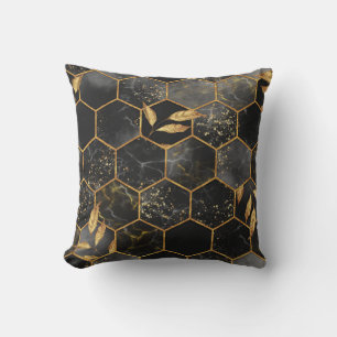 Marble Hexagon, Golden Leaves Texture. Cushion