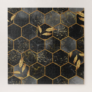 Marble Hexagon, Golden Leaves Texture. Jigsaw Puzzle