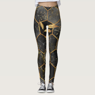 Marble Hexagon, Golden Leaves Texture. Leggings