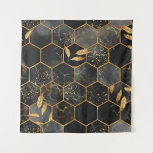 Marble Hexagon, Golden Leaves Texture. Tapestry