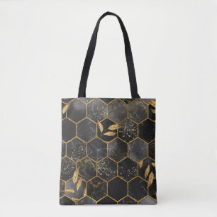 Marble Hexagon, Golden Leaves Texture. Tote Bag