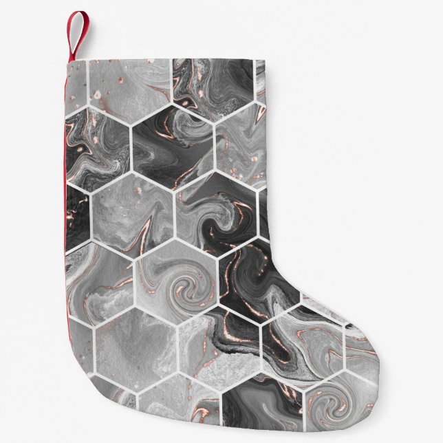 Marble hexagon seamless texture with gold pattern small christmas stocking (Front)