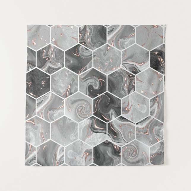 Marble hexagon seamless texture with gold pattern tapestry (Front)