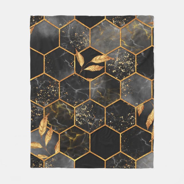 Marble hexagon seamless texture with golden leaves fleece blanket (Front)