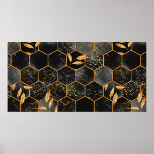 Marble hexagon seamless texture with golden leaves poster