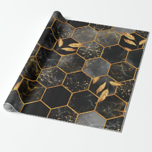 Marble hexagon seamless texture with golden leaves wrapping paper
