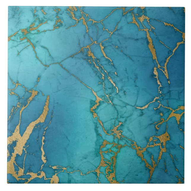 Marble Inspired Teal Blue Gold Tile (Front)
