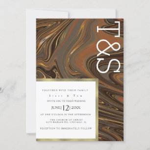 Marble Liquid Brown Gold Typography Wedding Invitation