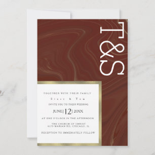 Marble Liquid Burgundy  Gold Typography Wedding Invitation
