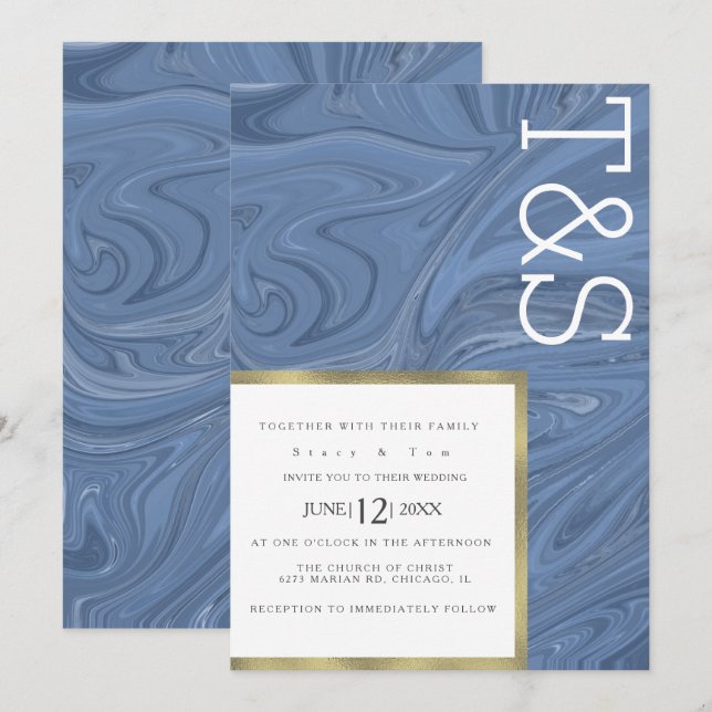 Marble Liquid Dark Blue Gold Typography Wedding Invitation (Front/Back)