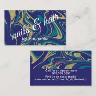 Marble Liquid Faux Gold Blue Nail Hair Salon Business Card