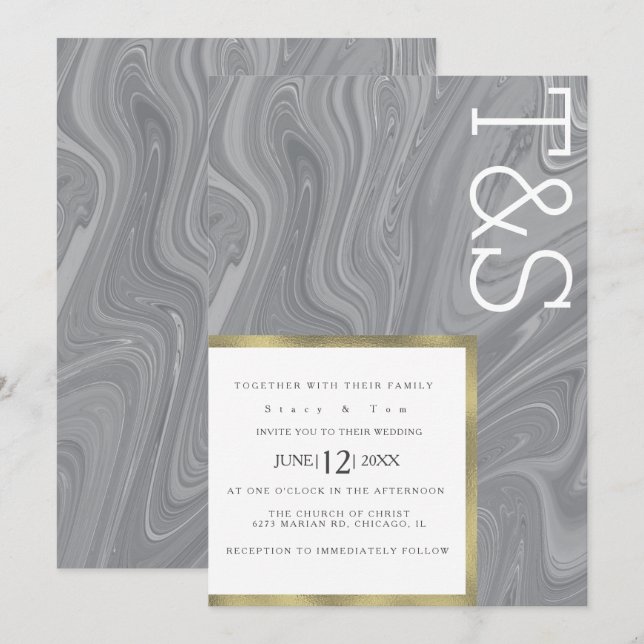 Marble Liquid Grey Agate Typography Wedding Invitation