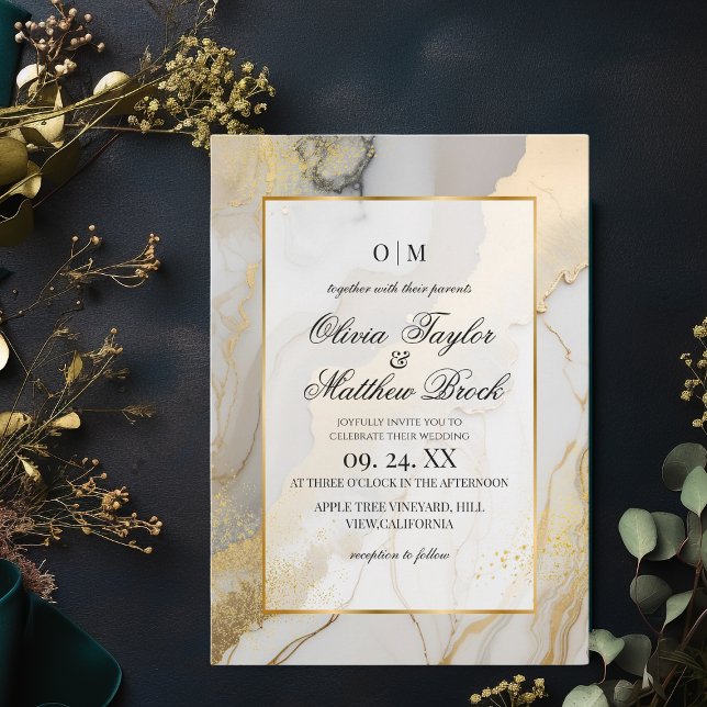 Marble Modern Beige grey and gold Wedding Invitation (Creator Uploaded)