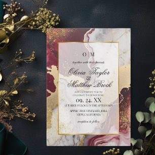Marble Modern Romantic Burgundy and gold Wedding Invitation