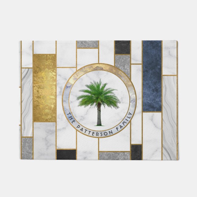 Marble Modern Tropical Palm Family Name Doormat (Front)