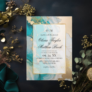 Marble Modern Turquoise and gold Wedding Invitation