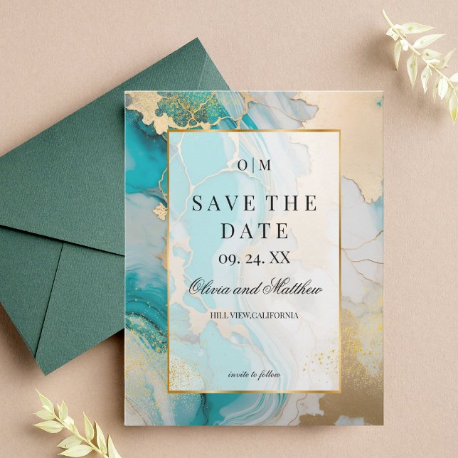 Marble Modern Turquoise Save the Date  Invitation (Creator Uploaded)
