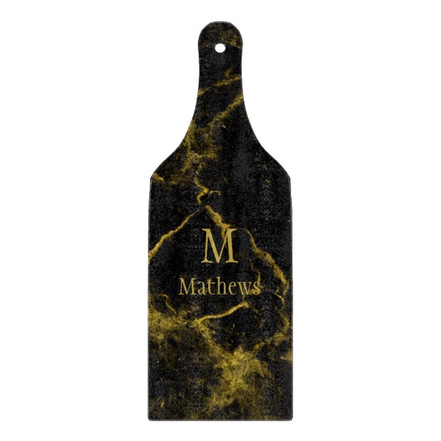 Marble Monogram Black Gold Paddle Cutting Board (Front)