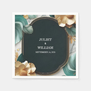 Marble Monstera Emerald Green And Gold Wedding Napkin