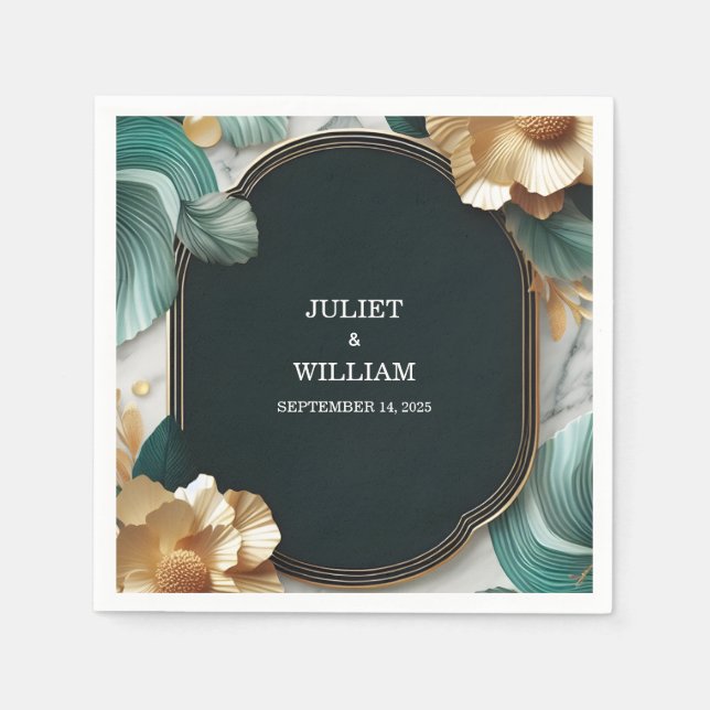 Marble Monstera Emerald Green And Gold Wedding Napkin (Front)