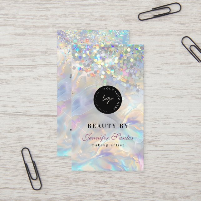 Marble Opal Holographic Glitter QR Code Business Card (Front/Back In Situ)