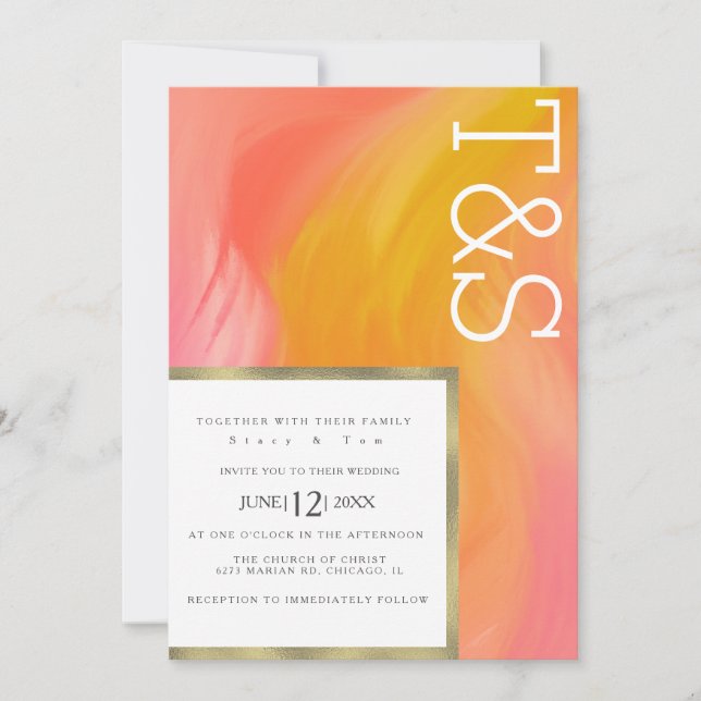 Marble Orange Pink Gold Typography Wedding Invitation (Front)