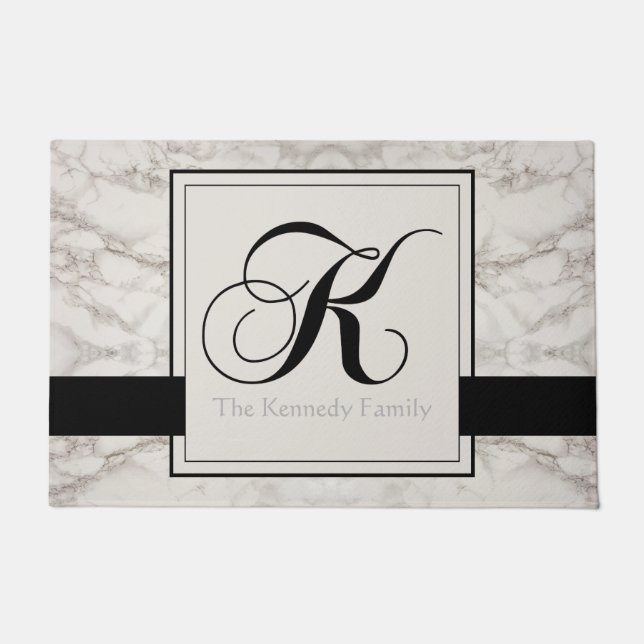 Marble Pattern Black Monogram K Add Name Elegant Doormat (Front)