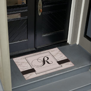 Marble Pattern Black Monogram R Add Name Elegant Doormat