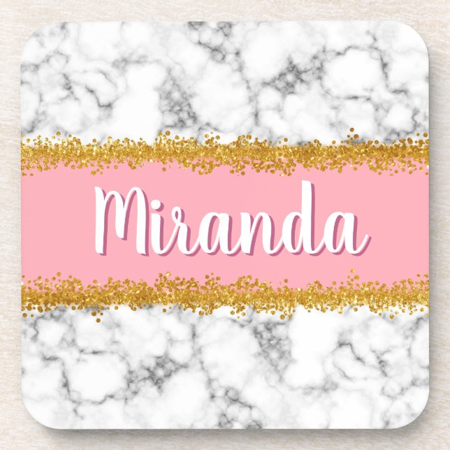 Marble Pattern on Pink with Gold Glitter Coaster (Front)