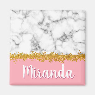 Marble Pattern on Pink with Gold Glitter Magnet