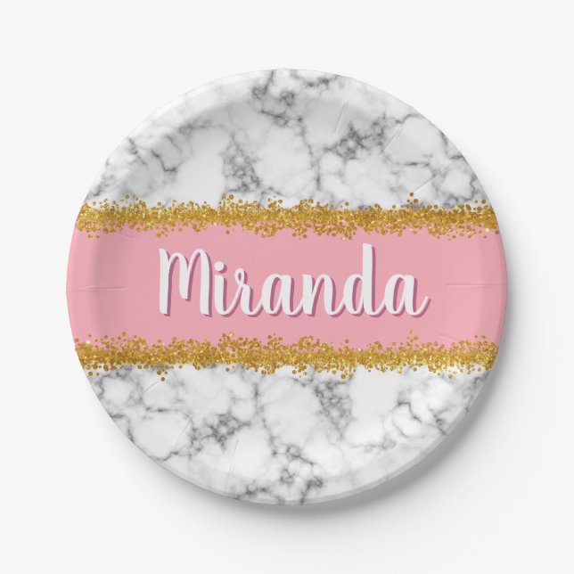 Marble Pattern on Pink with Gold Glitter Paper Plate (Front)