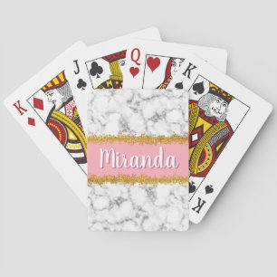 Marble Pattern on Pink with Gold Glitter Playing Cards