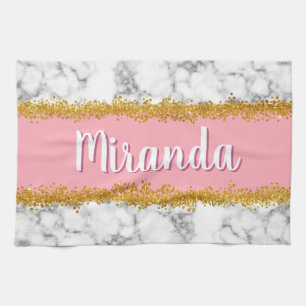 Marble Pattern on Pink with Gold Glitter Tea Towel