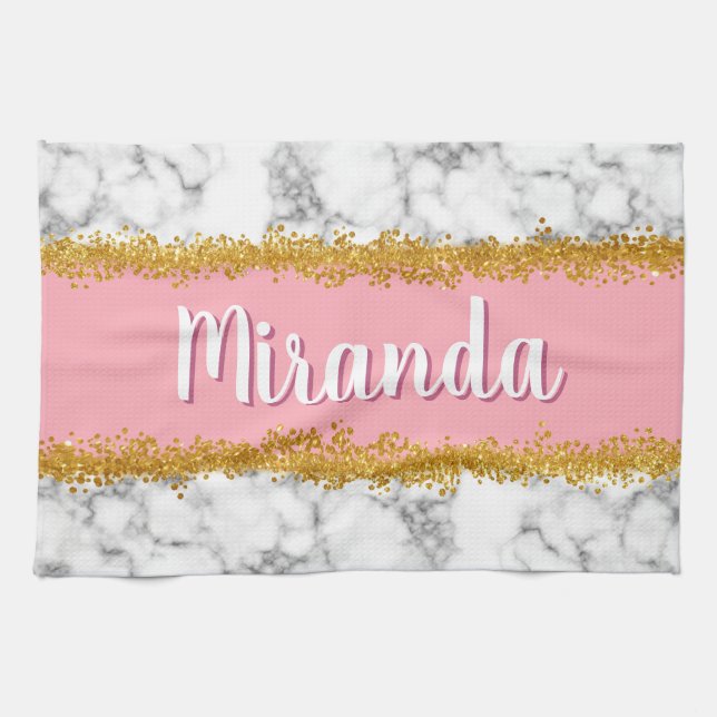 Marble Pattern on Pink with Gold Glitter Tea Towel (Horizontal)