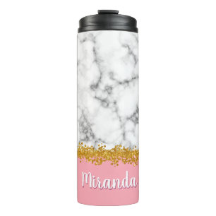 Marble Pattern on Pink with Gold Glitter Thermal Tumbler