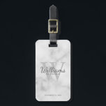 Marble Personalise Groomsmen's name and Monogram  Luggage Tag<br><div class="desc">Add a personal touch to your wedding with personalised groomsmen luggage tag. This luggage tag features personalised groomsman's name in grey classic script font style with wedding details in grey classic serif font style and monogram in light grey classic serif font style as background, on white marble background. Also perfect...</div>