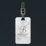 Marble Personalised Bridesmaid's Name and Monogram Luggage Tag<br><div class="desc">Elegant Black and White Personalised Bridesmaid Gifts featuring personalised monogram in grey elegant script font style with bridesmaid's name and title in classic serif font style on white marble background. Also perfect for groomsmen, best man, father of the bride, maid of honour, flower girl, mother of the bride and more....</div>