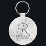 Marble Personalised Groomsman's Name and Monogram Key Ring<br><div class="desc">Elegant Black and White Personalised Groomsman Gifts featuring personalised monogram in grey elegant script font style with groomsman's name and title in classic serif font style on white marble background. Also perfect for best man, father of the bride, bridesmaid, maid of honour, flower girl, mother of the bride and more....</div>
