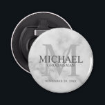 Marble Personalised Groomsmen's name and monogram Bottle Opener<br><div class="desc">Add a personal touch to your wedding with personalised groomsmen bottle opener. This bottle opener features personalised groomsman's name with title and wedding date in grey and monogram in light grey as background, in classic serif font style, on white marble background. Also perfect for best man, father of the bride,...</div>